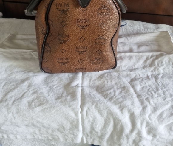 MCM Cognac Visetos Duffel Bag with Blue Stripe - Picture 4 of 16